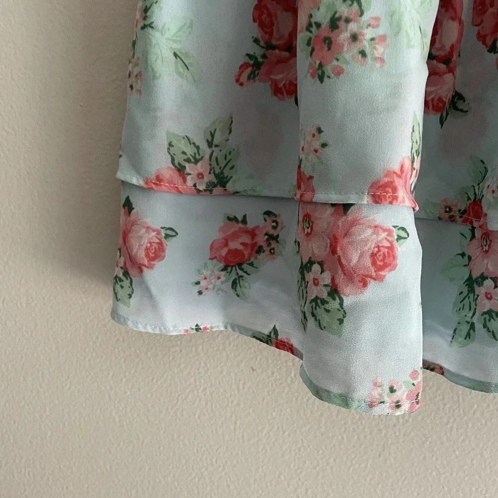 Janie And Jack Girl 6 Mint Floral Elastic Waist Tiered Ruffle Chiffon Skirt